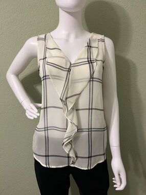 LOFT Ivory Plaid Ruffle V-Neck Sleeveless Top